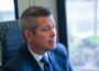 U.S. Secretary of Transportation Sean Duffy rides on a FrontRunner train in Salt Lake City during a media event on Monday, April 7, 2025. (Photo by McKenzie Romero/Utah News Dispatch)