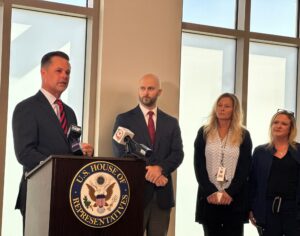 U.S. Rep. Zach Nunn (left) introduced legislation Aug. 25, 2025 at Clive Behavioral Health to address the nursing shortage. (Photo by Brooklyn Draisey/Iowa Capital Dispatch)