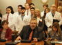 Sen. Mike Klimesh, joined by Sens. Annette Sweeney, left, and Sarah Trone Garriott, right heard public comments on a bill related to pharmacy benefits managers Feb. 5, 2025. (Photo by Robin Opsahl/Iowa Capital Dispatch)