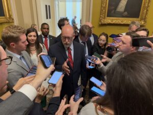  White House budget director Russell Vought speaks with reporters inside the U.S. Capitol on July 15, 2025. (Photo by Jennifer Shutt/States Newsroom)