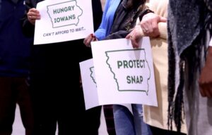 Food bank and food pantry leaders gathered in Des Moines Oct. 23, 2025 to urge the end of the government shutdown before it causes a lapse in federal nutrition program funding. (Photo by Cami Koons/Iowa Capital Dispatch)
