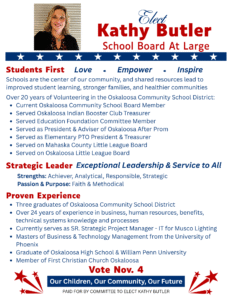 Flyer provided to Oskaloosa News by Oskaloosa School Board Candidate Kathy Butler. Click on image to make larger.