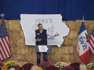 U.S. Rep. Randy Feenstra, who represents Iowa’s 4th Congressional District, spoke at U.S. Sen. Joni Ernst’s final annual Roast and Ride fundraiser at the Elwell Family Food Center at the Iowa State Fairgrounds in Des Moines Oct. 11, 2025. (Photo by Robin Opsahl/Iowa Capital Dispatch)