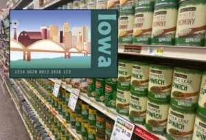 (Background photo by Cami Koons/Iowa Capital Dispatch; EBT card courtesy of the state of Iowa)