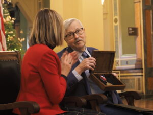  Former Gov. Terry Branstad was presented the Iowa Award by Gov. Kim Reynolds at a ceremony conducted at the Iowa State Capitol Dec. 11, 2025. (Photo by Robin Opsahl/Iowa Capital Dispatch)