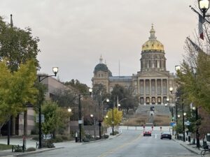  The Iowa State Capitol from the historic East Village in Des Moines on Oct. 30, 2025. (Photo by Cami Koons/Iowa Capital Dispatch) 