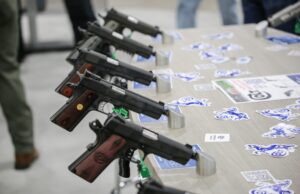  A row of Colt handguns on display at the NRA’s Great American Outdoor Show at the Farm Show complex in Harrisburg, on Feb. 11, 2026. (Photo by Tim Lambert/Pennsylvania Capital-Star)