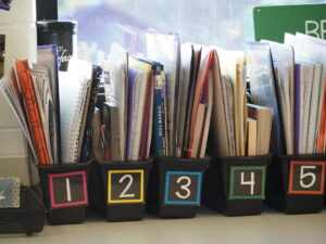  Students’ class materials stored in a classroom at Broadway Elementary School in Denison, as seen Jan. 7, 2026. (Photo by Robin Opsahl/Iowa Capital Dispatch)