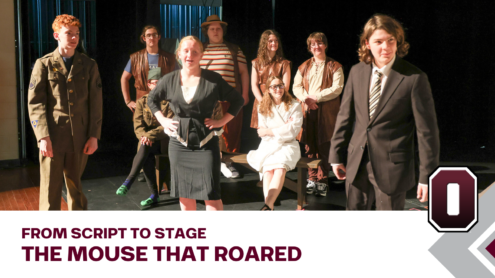 Oskaloosa High School students rehearse a scene from The Mouse That Roared as cast and crew prepare for opening night at the George Daily Community Auditorium. Students have spent weeks building sets, learning lines and working behind the scenes to bring the production together.