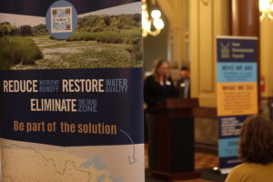 Iowa Environmental Council and partnering organizations gathered in the Iowa Capitol Rotunda Feb. 25, 2026 to advocate for water quality and environmental policies. (Photo by Cami Koons/Iowa Capital Dispatch)