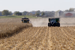 A farmer harvests corn in western Iowa. (Photo by Jared Strong/Iowa Capital Dispatch)