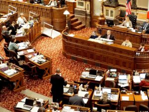 Sen. Mark Costello, R-Imogene, spoke on the Senate floor March 24, 2026 on a bill to raise the premium tax on health maintenance organizations for a nine-month period in 2026. (Photo by Robin Opsahl/Iowa Capital Dispatch)