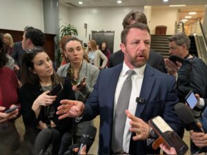 Sen. Markwayne Mullin, R-Okla., speaks to reporters at the U.S. Capitol on March 3, 2026. (Photo by Ashley Murray/States Newsroom)