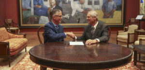  Drake University President Marty Martin, left, and former Iowa Gov. Tom Vilsack signed an agreement for the university to house Vilsack’s professional and personal papers. (Photo courtesy of Drake University) 