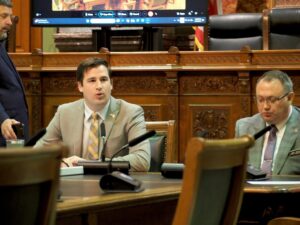  Rep. Carter Nordman led a subcommittee meeting on the Senate property tax proposal April 20, 2026. (Photo by Robin Opsahl/Iowa Capital Dispatch)