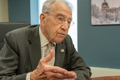 Sen. Chuck Grassley discusses a variety of issues with reporters after his visit at Mahaska Health recently.