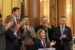 Iowa Gov. Kim Reynolds, joined by Republican leaders in the state Senate and House, signed a measure into law May 18, 2026, aimed at lowering property taxes. (Photo by Robin Opsahl/Iowa Capital Dispatch)