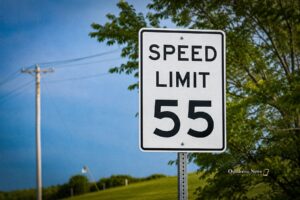 A 55 mph sign remains in place along an Iowa roadway as Iowa road agencies continue reviewing and updating speed limit signs following the state’s move to a 60 mph default speed limit on many rural paved roads.