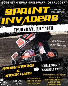 he Southern Iowa Speedway in Oskaloosa is up next for the Mohrfeld Solar Sprint Invaders. The event, on Thursday, July 16, will be held as part of the Southern Iowa Fair.