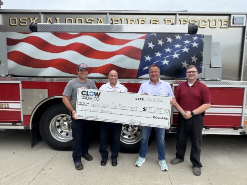 Pictured from left are Dustin Hook, Oskaloosa Fire Chief Scott Vaughan, Clow Valve Co. Vice President and General Manager Mark Willett, and Clow Valve Co. Machine Tech Specialist Austin Glandon. Clow Valve’s donation of $25,000 will help the Oskaloosa Fire Department replace aging fire hoses, improving firefighter safety and helping ensure crews have reliable equipment ready for the next emergency.
