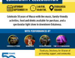 Musco will celebrate its 50th anniversary with a community event from 5 to 10 p.m. Saturday, Sept. 19, on the Oskaloosa Square. The celebration will include live music, family activities, food, an outdoor movie and a downtown light show. Graphic courtesy of Musco.