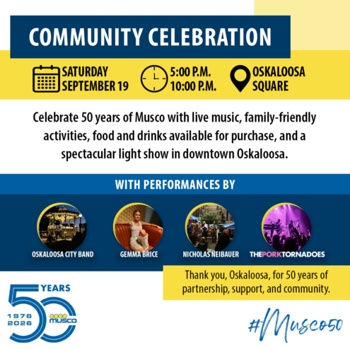 Musco will celebrate its 50th anniversary with a community event from 5 to 10 p.m. Saturday, Sept. 19, on the Oskaloosa Square. The celebration will include live music, family activities, food, an outdoor movie and a downtown light show. Graphic courtesy of Musco.