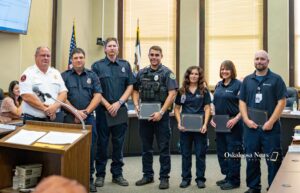 Seven first responders were honored during the Aug. 3, 2026, Oskaloosa City Council meeting. The firefighters, police officer, and Mahaska Health paramedics received American Heart Association Heartsaver Hero Awards for helping save a man who collapsed at the Oskaloosa Public Library on June 2.