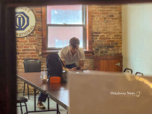 Iowa Auditor Rob Sand in a quiet moment before speaking with the media at his town hall stop in Oskaloosa this week.