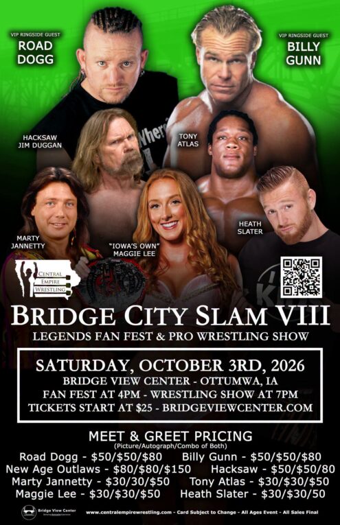 Road Dogg, Billy Gunn, “Hacksaw” Jim Duggan and other wrestling stars are scheduled to appear at Central Empire Wrestling’s Bridge City Slam VIII on Saturday, Oct. 3, 2026, at the Bridge View Center in Ottumwa. The Legends Fan Fest begins at 4 p.m., followed by wrestling at 7 p.m. Tickets start at $25 and include fan fest admission. Some autograph and photo opportunities carry additional charges.