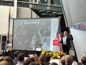  NASA Moon Base Project Manager Carlos García-Galán speaks at Iowa State University Sept. 8, 2026, about the mission to establish a permanent base on the moon. (Photo by Brooklyn Draisey/Iowa Capital Dispatch)