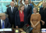 President Donald Trump was joined by officials including U.S. Secretary of Commerce Howard Lutnick, Iowa Attorney General Brenna Bird, U.S. Rep. Mariannette Miller-Meeks and U.S. Rep. Ashley Hinson at a news conference Sep. 28, 2026 in the Oval Office announcing plans for Mesabi Metallics to build a $15 billion steel mill in Iowa. (Photo screenshot via CSPAN)