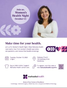 Mahaska Health will host its annual Women’s Health Night from 5 to 8 p.m. Tuesday, October 13th, at Gateway Church in Oskaloosa. The event will feature health presentations, a panel discussion, dinner and free health screenings.