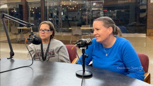 Oskaloosa Community School District food service representatives, Kelly Davis and Pam Oldes, discuss the district’s new free breakfast program during an interview at the Oskaloosa News studio. The program provides free breakfast to all district students, regardless of family income, with the goal of improving nutrition, classroom focus, and readiness to learn.